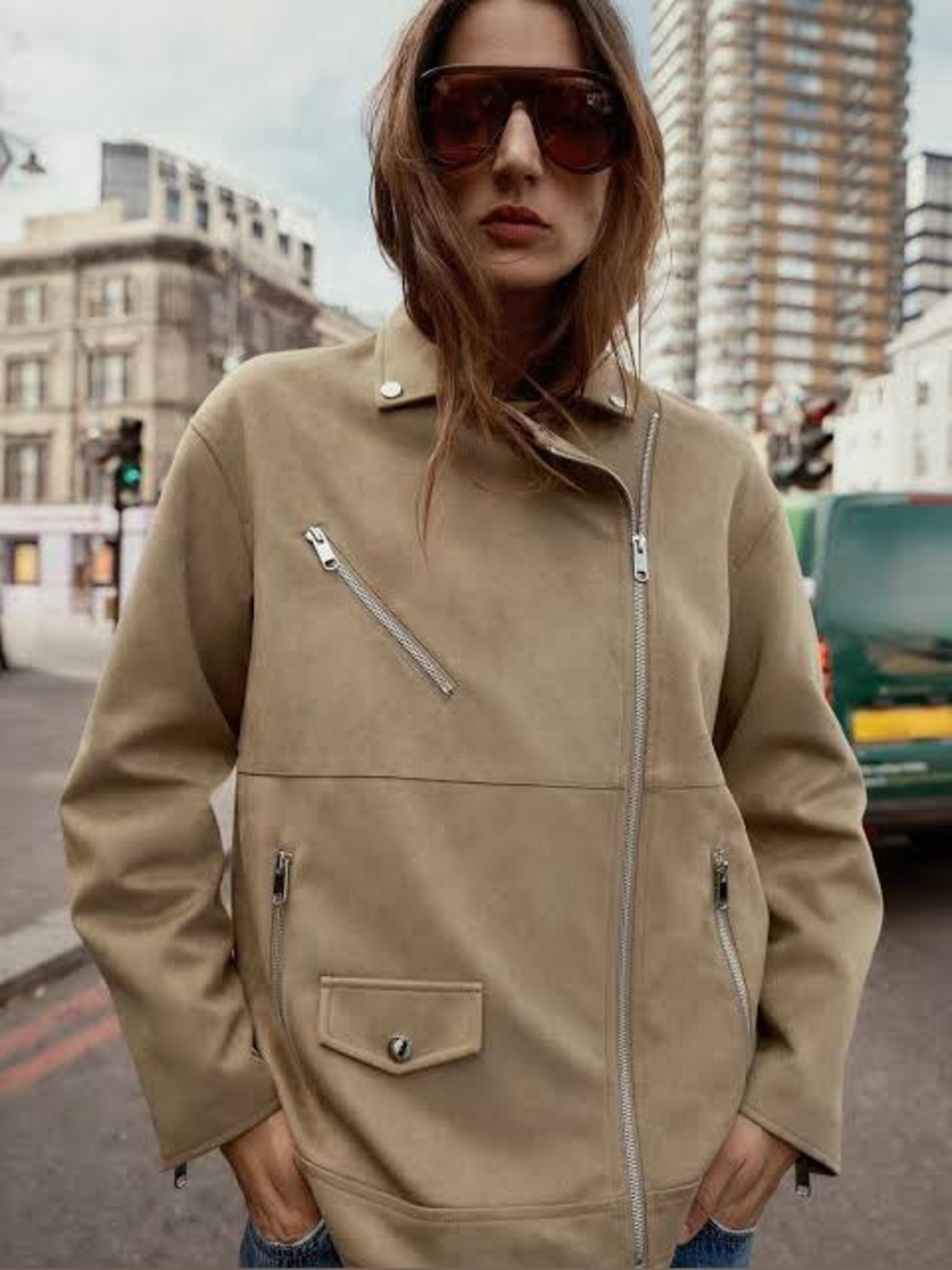 Zara Tan Faux Suede Oversized Moto Biker Jacket Asymmetric Zip Flight Coat S